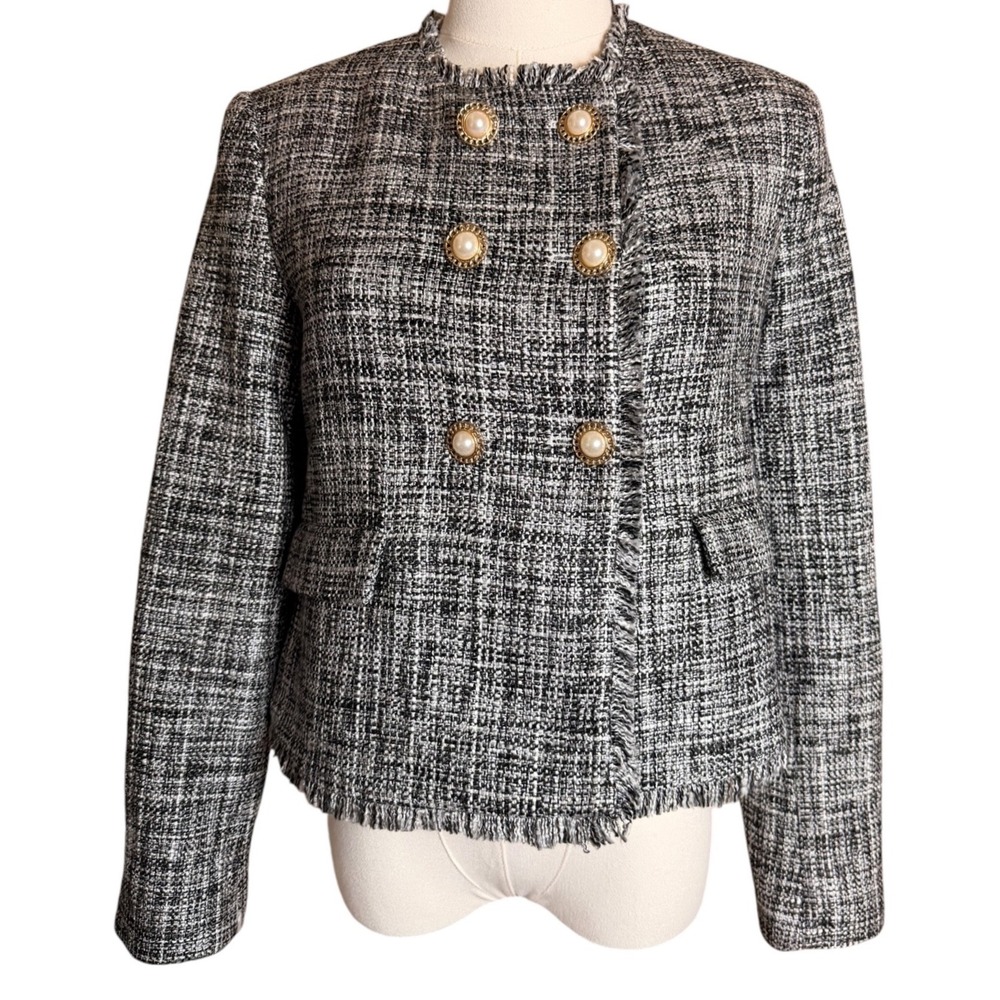 Maeve Anthropologie Tweed‎ Lady Jacket Size 2 Pearl Button Fringe